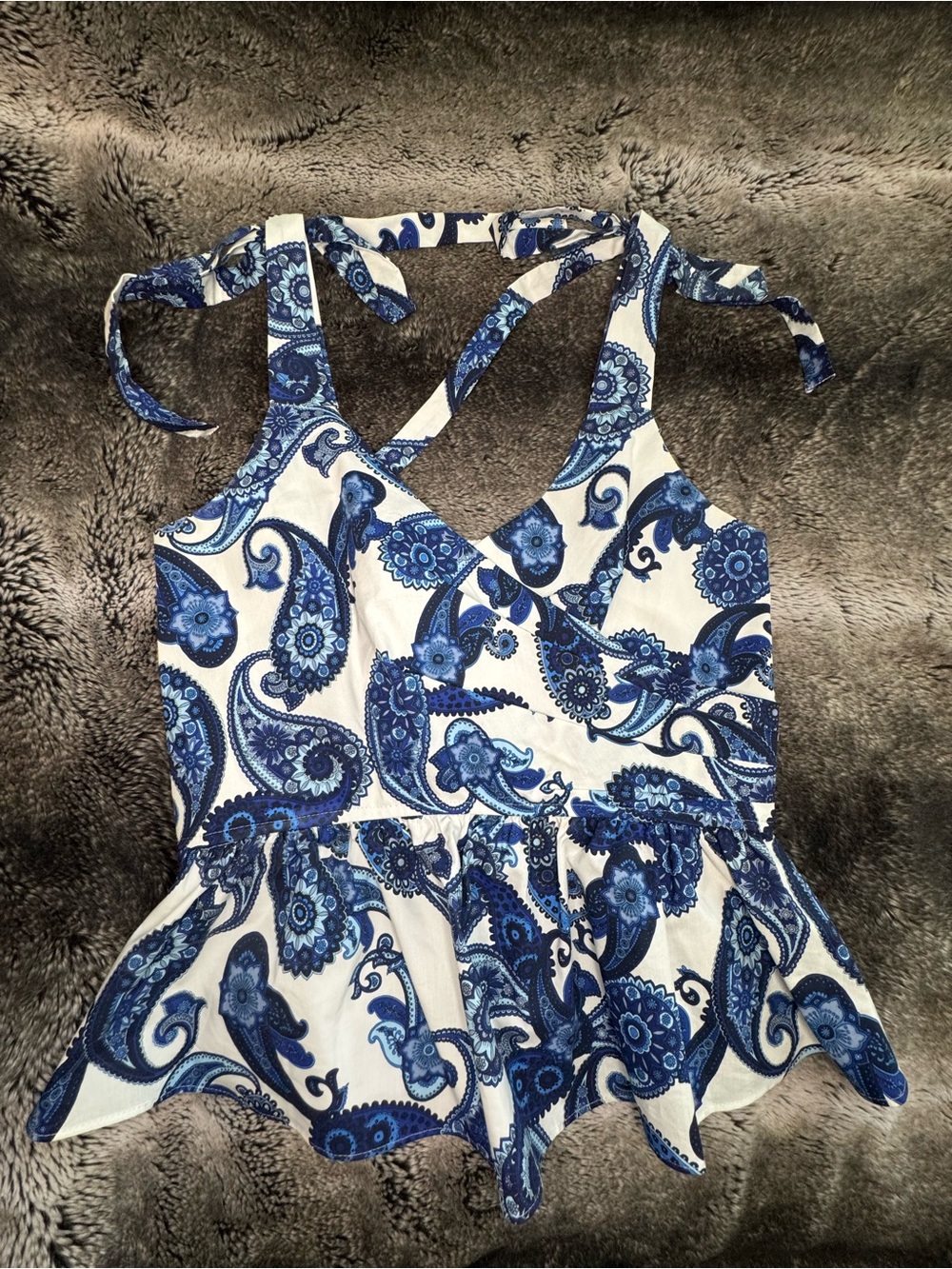 Express Blue and White Paisley Tie-Shoulder Peplum Camisole